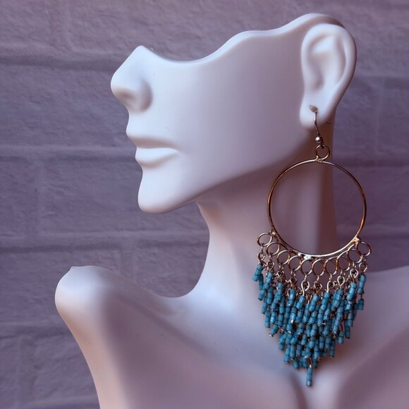 Vintage Chico;s Y2K Silver Hoop Earrings with Turquoise Seed Bead Fringe - Picture 5 of 8